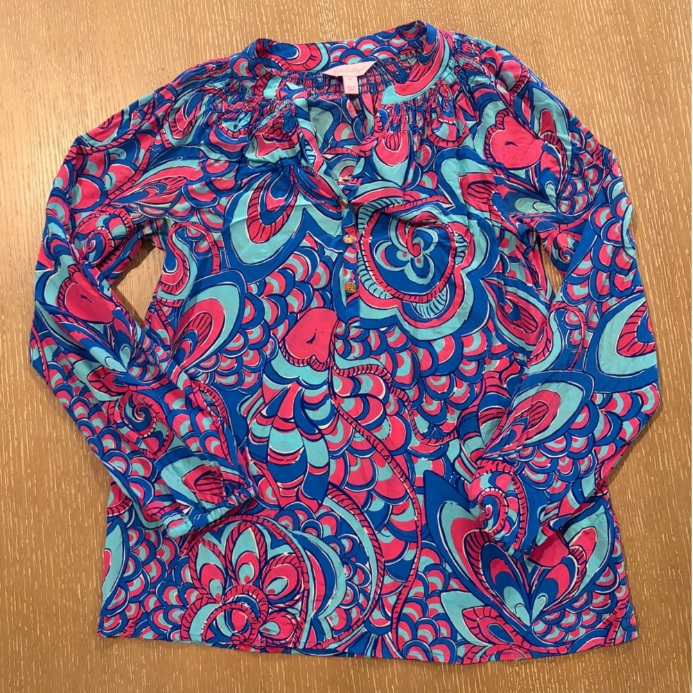 Lilly Pulitzer Elsa Silk Top Size Small Blouse Long Sleeve‎ 100% Silk Abstract